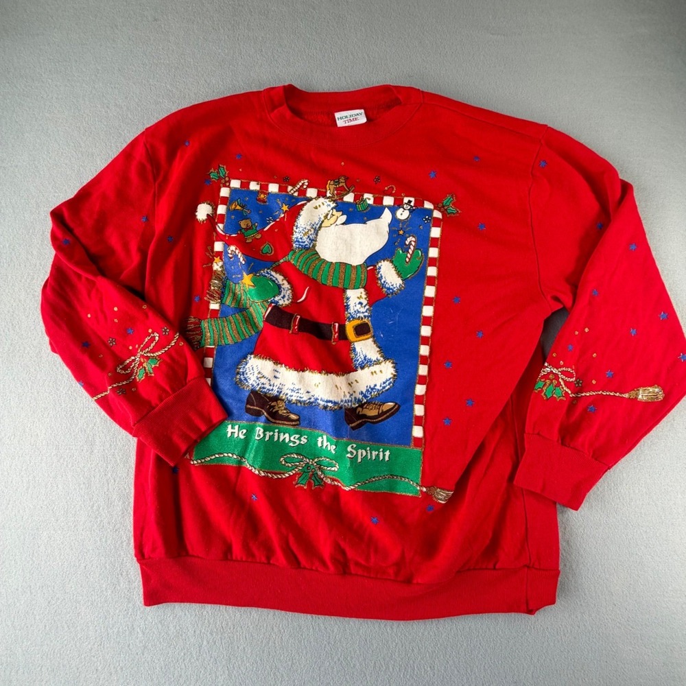 Holiday Time Christmas Sweatshirt Womens Medium Red Vintage Santa Graphic